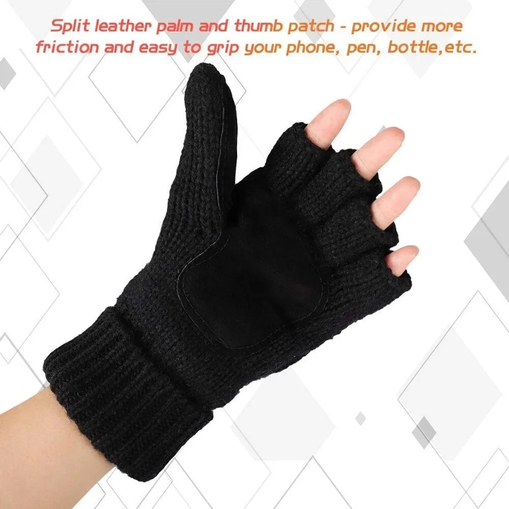 Women's Black Winter Warm Thermal Insulation Fingerless Texting Wool Gloves